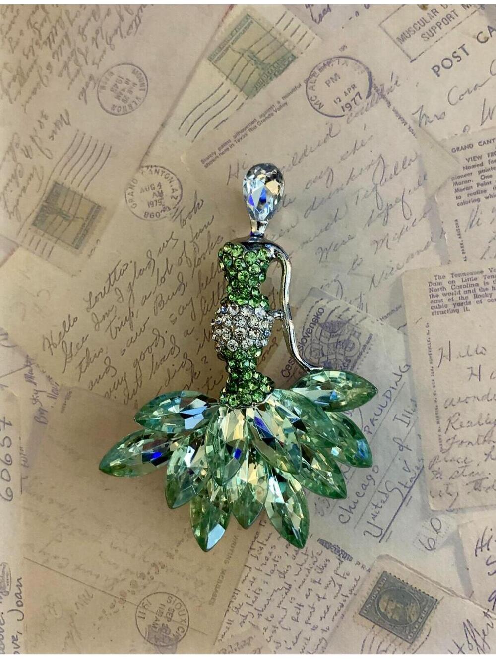 Green Crystal Ballerina Brooch Dancing Lady Pin Figural Rhinestone Dress Jewelry